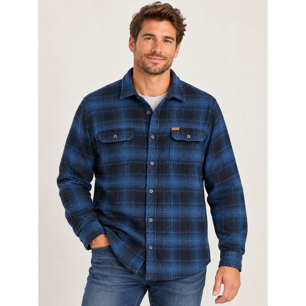 Orvis Button Down Flannel Shirt Jacket Men Size XL Blue Black Plaid Pockets